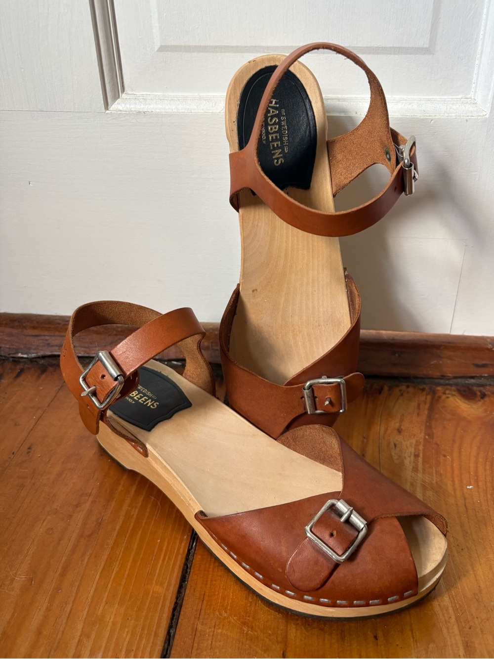 Swedish Hasbeens Women's Pia Sandals - Leather Wood, Size 38 - Buckle Toe Clog